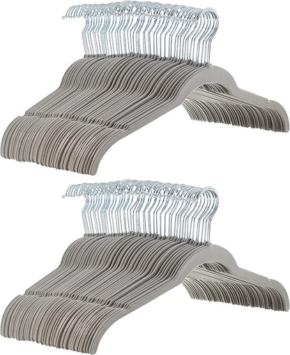 Amazon Basics Non-Slip Shirt Clothes Hangers Velvet, Space-Saving Slim, Sturdy, Pack of 100, Gray/Silver