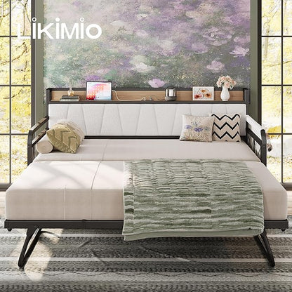 LIKIMIO Daybed with Trundle Bed, Twin Bed Frame with Storage Headboard and Charging Station, Sofa Day Bed with Strong Supports for Living Room, Bedroom, and Guest Room, Cream