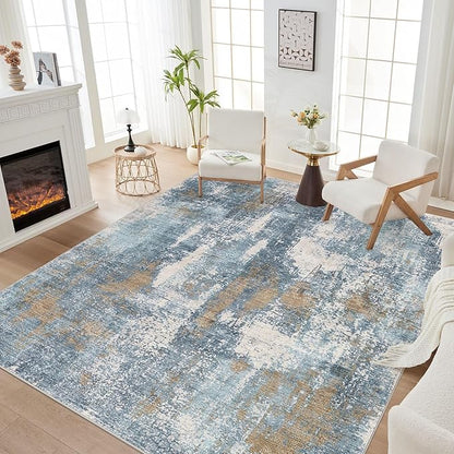Area Rug Living Room Rugs - 9x12 Washable Large Soft Indoor Neutral Modern Abstract Low Pile Rug Carpet for Bedroom Dining Room Farmhouse Home Office - Blue Brown