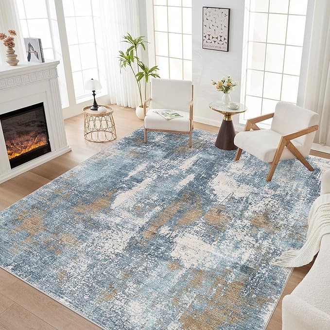 Area Rug Living Room Rugs - 5x7 Washable Soft Indoor Neutral Modern Abstract Low Pile Rug Carpet for Bedroom Dining Room Farmhouse Home Office - Blue Brown