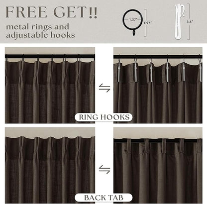 Dark Chocolate Pinch Pleated Linen Curtains 96 Inches Long 2 Panels for Living Room Bedroom Memory Training Brown Semi Sheer Pleat Drapes with Hooks Rings Light Filtering Window Curtain 40x96