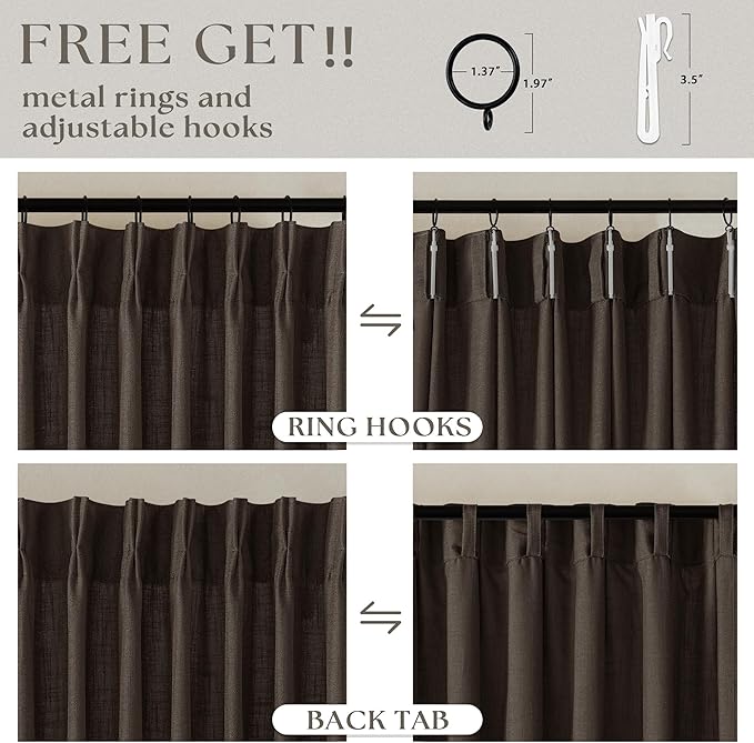 Dark Chocolate Pinch Pleated Linen Curtains 2 Panels for Living Room Bedroom Memory Training Shaped Semi Sheer Pleat Drapes with Hooks Rings Light Filtering Window Curtain 40x45