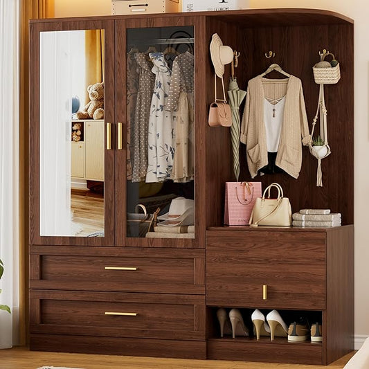 PAKASEPT 2 Doors Armoire Wardrobe Closet with Mirror,71'' Tall Freestanding Wooden Wardrobe Closet Farmhouse Storage Cabinet for Bedroom with Hanging Rod,Clothes Hook,Drawers,Hidden Bench,Retro Brown