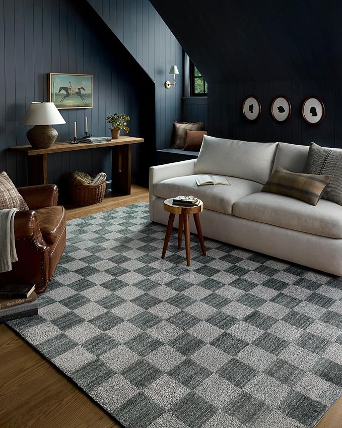 Loloi Chris Loves Julia Calvin Collection CLV-01 Blue/Ivory 9'-6" x 12'-6" Area Rug Checkered Neutral Soft Living Room Bedroom Carpet