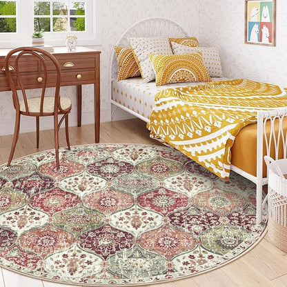 Lahome Moroccan Trellis Washable Round Area Rug, Soft Round Rugs 6ft Ultra-Thin Non-Slip, Vintage Large Circle Carpet for Bedroom Living Room Kitchen Nursery, Orange/Terracotta