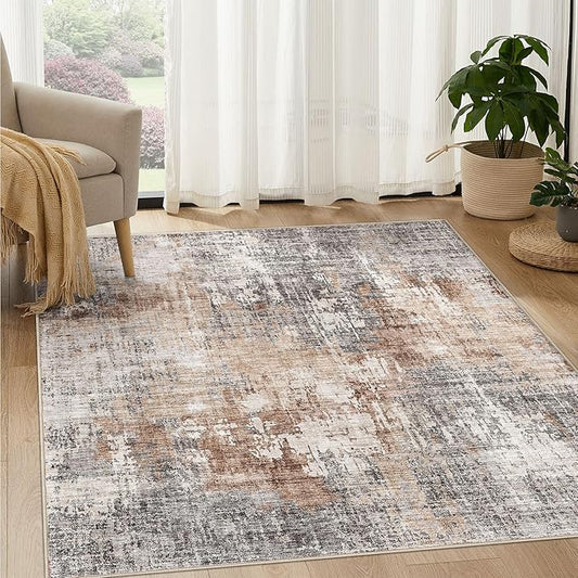 Square Area Rug Living Room Rugs - 6x6 Washable Large Soft Indoor Neutral Modern Abstract Low Pile Rug Carpet for Bedroom Dining Room Farmhouse Home Office - Grey Brown