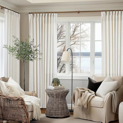 Extra Wide Pinch Pleat Curtains 84 Inches Long for Patio Sliding Glass Door Natural Cream Linen 60 Inch Wide Curtain Memory Trained Pleated Drapes Hooks Rings 60x84 Curtain for Large Window 1 Panel