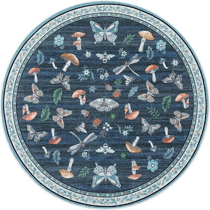 Mushroom Insect 6ft Round Rug Washable Non-Slip Soft Ultra-Thin Boho Circle Carpet for Living Room Bedroom Kitchen Nursery Dining Room Blue