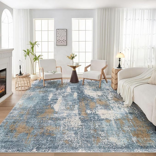Area Rug Living Room Rugs - 9x12 Washable Large Soft Indoor Neutral Modern Abstract Low Pile Rug Carpet for Bedroom Dining Room Farmhouse Home Office - Blue Brown