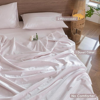 MooMee Striped Duvet Cover Set 100% Washed Cotton Linen Like Textured Breathable Durable Soft Comfy (Heathered Greyish Pink Pinstripes, Oversized Full 82"x86")