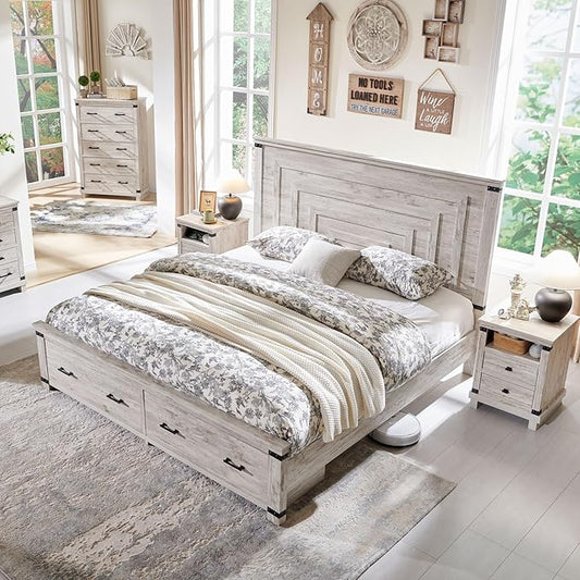 T4TREAM Farmhouse Queen Size Bed Frame with 54" Tall Geometric Headboard & 2 Large Storage Drawers, Rustic Wood Platform Bed with Wood Slats Support, No Box Spring Needed, Antique Brushed White