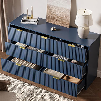 Navy 7 Drawer Dresser for Bedroom, 55.9" Wide Modern Fluted Dresser with Gold Metal Handles, Wide Chest of Drawers for Bedroom, Living Room, Entryway, Hallway