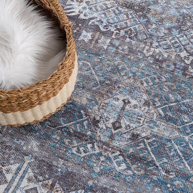 Bloom Rugs Washable 4' x 6' Rug - Slate Gray/Blue Traditional Area Rug for Living Room, Bedroom, Dining Room, and Kitchen - Exact Size: 4' x 6'