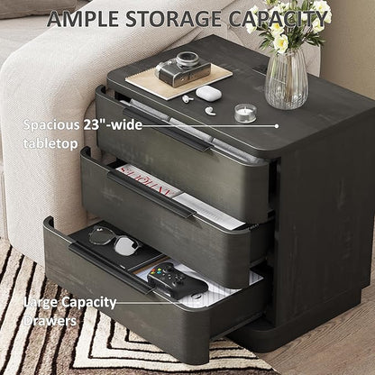Black Nightstands Set of 2, Bedside Table with 3 Storage Drawers, 24" Tall Wood Night Stand with Charging Station, Modern Wide End Table Side Table W/Metal Handle Curved Profile for Bedroom