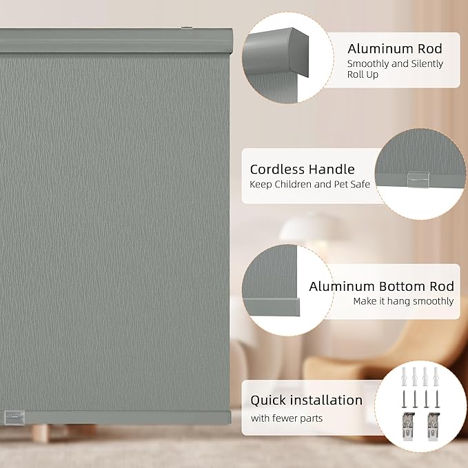 ChrisDowa Cordless Blackout Roller Shades for Windows, Striped Free-Stop Window Blinds with Privacy, Thermal Insulated Window Shades for Home, Office and Door. Grey, 24" W x 72" H