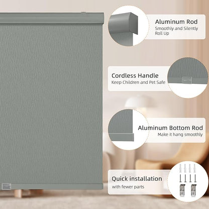 ChrisDowa Cordless Blackout Roller Shades for Windows, Striped Free-Stop Window Blinds with Privacy, Thermal Insulated Window Shades for Home, Office and Door. Grey, 68" W x 72" H