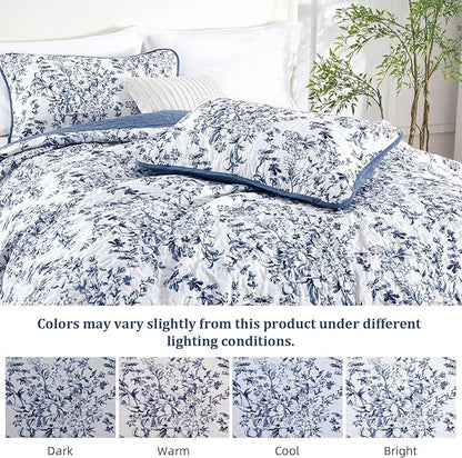 WONGS BEDDING Quilt King Size, Blue Quilt Bedding Set with 2 Pillowcases, Botanical Quilt for King Bed, Soft Microfiber Lightweight Coverlet Bedspread for All Season (110"×90", 3 Pieces)