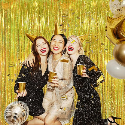 GOER 3.2 ft x 8.2 ft Metallic Tinsel Foil Fringe Curtains Party Photo Backdrop Party Streamers for Birthday,Graduation,New Year Eve Decorations Wedding Decor (2 Packs,Laser Gold)