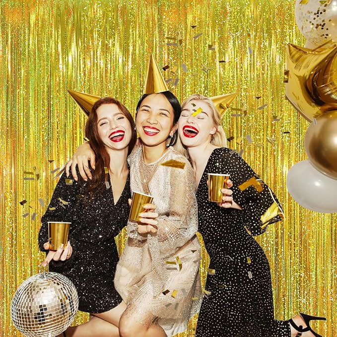 GOER 3.2 ft x 8.2 ft Metallic Tinsel Foil Fringe Curtains Party Photo Backdrop Party Streamers for Birthday,Graduation,New Year Eve Decorations Wedding Decor (1 Pack,Laser Gold)