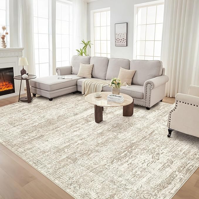Area Rug Living Room Rugs - 9x12 Abstract Large Soft Indoor Washable Rug Neutral Modern Low Pile Carpet for Bedroom Dining Room Farmhouse Home Office - Vintage Beige