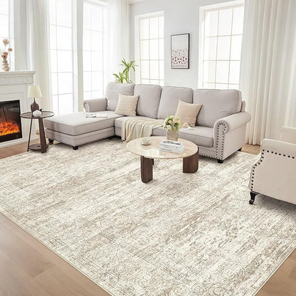 Area Rug Living Room Rugs - 8x10 Abstract Large Soft Indoor Washable Rug Neutral Modern Low Pile Carpet for Bedroom Dining Room Farmhouse Home Office - Vintage Beige