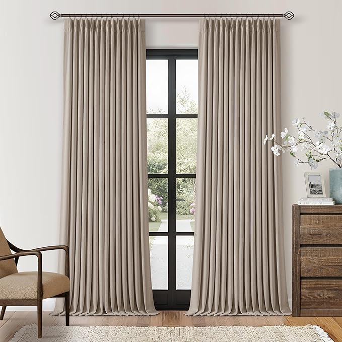 Pleated Linen Blackout Curtains 112 Inches Long for Living Room Pinch Pleat for Track System Custom Made Memory Shape Drape 100% Black Out Light Blocking Bedroom Window Curtain Greige Burlywood Birch