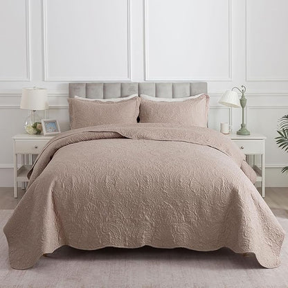 HoneiLife Quilt Sets King Size - Microfiber Bedspreads for King Bed, 3-Piece Lightweight Coverlets, Retro Bedlinen Sets, King Quilt Bedding Set All Season Use-Dark Khaki