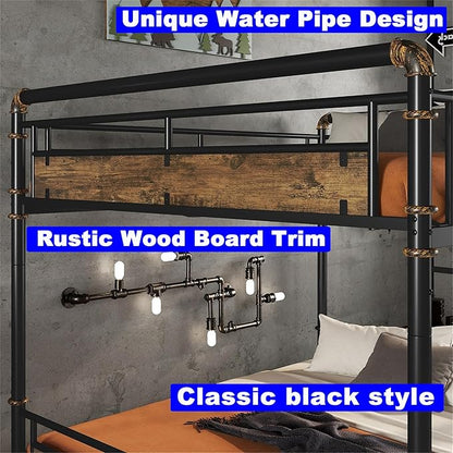 Upgraded Version Thicken Metal Heavy-Duty Full XL Over Queen Bunk Bed, Best Industrial Style Stronger Full Over Queen Size Bunk Bed with Ladder for Adults, Easy Assembly (Full XL Over Queen)