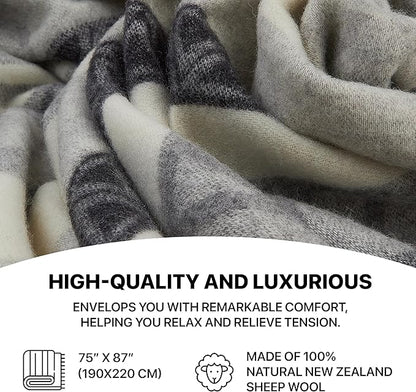 | Wool Blanket/Throw | 100% New Zealand Wool | Perfect for Home and Outdoors | Virgin Wool Throw with Fringes 75"x87" (190 x 220 cm)
