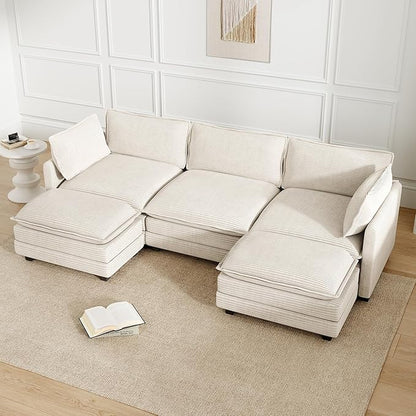 112'' Sectional Modular Cloud Couch, Oversized 5 Seat Couches U Shaped Sofa with 2 Movable Ottomans, 2 Throw Pillows, Upholstered Corduroy U Shape Comfy Deep Couches for Living Room and Office, Beige