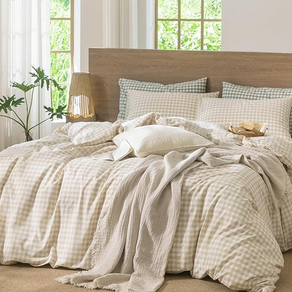 MooMee Gingham Duvet Cover Set 100% Washed Cotton Linen Like Textured Breathable Durable Soft Comfy Modern Checkered Design (Almond Milk Grey Gingham, Palatial King/Oversized King 120"x98")