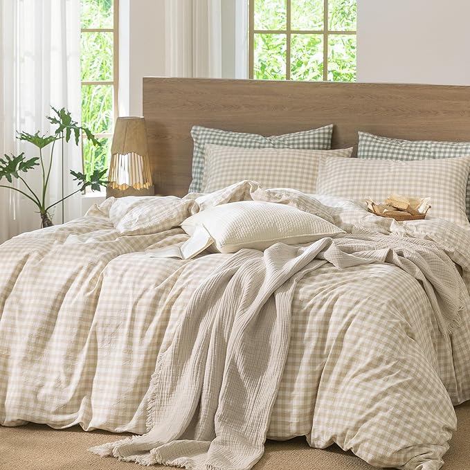 MooMee Gingham Duvet Cover Set 100% Washed Cotton Linen Like Textured Breathable Durable Soft Comfy Modern Checkered Design (Almond Milk Grey Gingham, Oversized Queen 98"x98")
