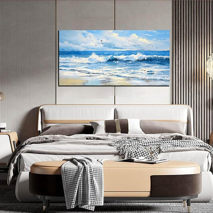 ENTANUB Ocean Wall Art for Bedroom, Sea Wave Wall-Decor for Living Room, Blue Picture Print, Size 48x24 Inches