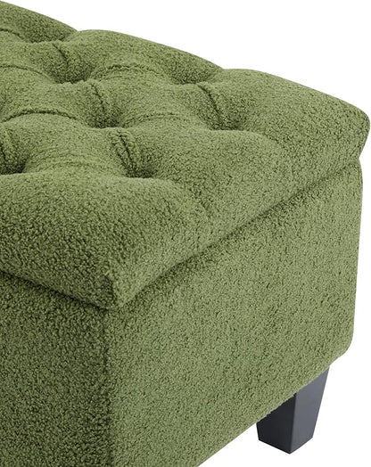 GDFStudio Boucle Storage Ottoman Bench with Button Tufting, 50.75” Upholstered Entryway Bench with Hidden Storage, Soft Close Lid, Rubberwood Legs, Extra Seating for Bedroom, Living Room – Green