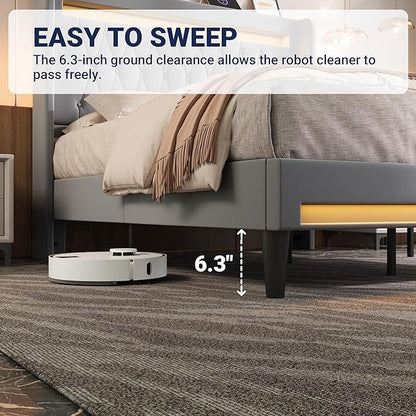 Allewie Upholstered Full Size Platform Bed Frame with LED Light and Charging Station, Button Tufted High Headboard, Wingback Design, Noise Free, Easy Assembly, No Box Spring Needed, Grey