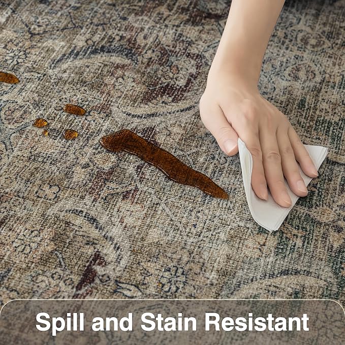 FMFUNCTEX 8x10 Washable Area Rug Brown Vintage Neutral Distressed Large Non Slip Carpet for Living Room Bedroom Soft Low Pile Indoor Mat Retro Throw Rug for Dining Room Kitchen Office Nursery, Multi