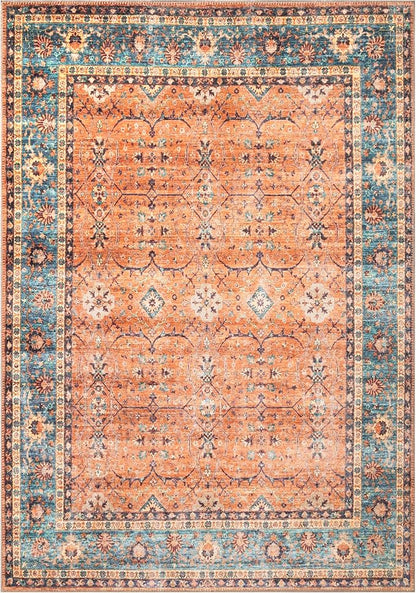 Bloom Rugs Washable Non-Slip 3' x 5' Rug - Orange/Teal Blue Traditional Bordered Area Rug for Living Room, Bedroom, Dining Room, and Kitchen - Exact Size: 3' x 5'