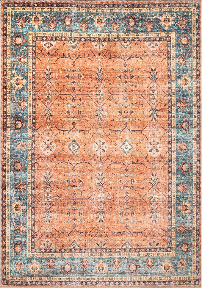 Bloom Rugs Washable Non-Slip 4' x 6' Rug - Orange/Teal Blue Traditional Bordered Area Rug for Living Room, Bedroom, Dining Room, and Kitchen - Exact Size: 4' x 6'