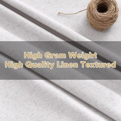 PrinceDeco 100% Blackout Curtains Nature Linen Blended 84 Inch Long Room Darkening Solid Black Out Curtains for Living Room Thermal Insulated Nickel Grommet 2 Panels Set - Heathered White