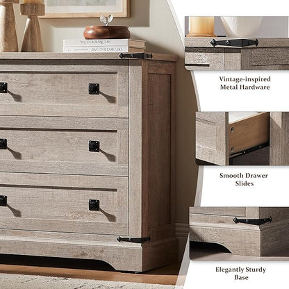 T4TREAM 32" Farmhouse Nightstand with Charging Station, Large End Table with 3 Storage Drawers, Rustic Wood Bedside Table for Bedroom, Living Room, Light Rustic Oak