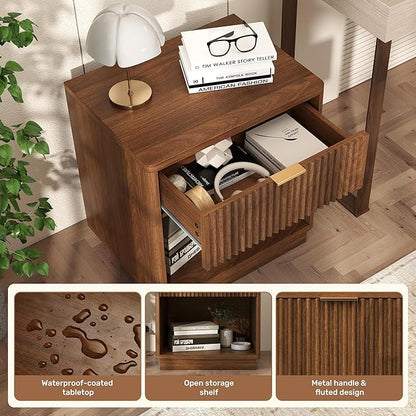 Miereirl Fluted Nightstands with Charging Station, LED Nightstand with Rounded Edge, Walnut-CP-1