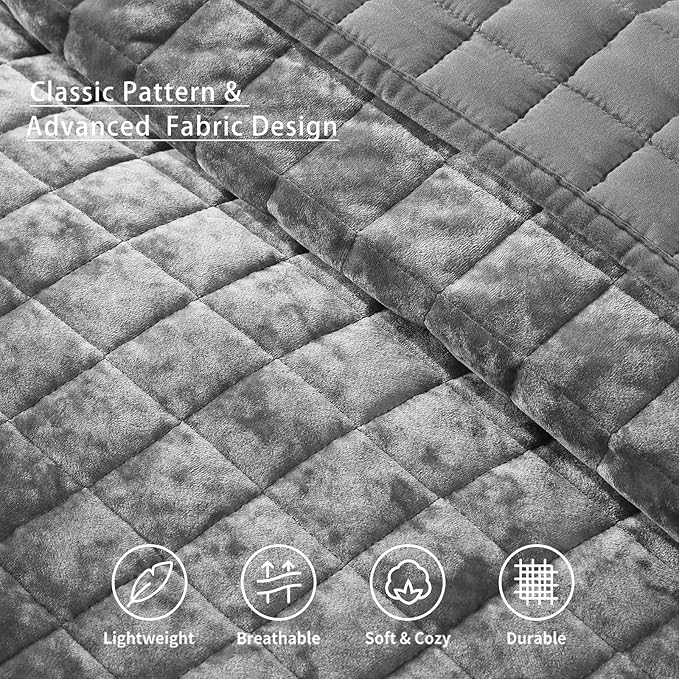 LEAONME Velvet Quilt Oversized California King-120''x120'', Lightweight Grey Velvet Comforter Set with 2 Pillow Shams, Oversized Bedspread Coverlet Quilted Bedding Set for All Season