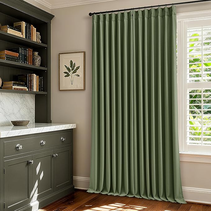Olive Green Blackout Pinch Pleat Curtains 84 Inches Long 2 Panels for Living Room Bedroom 100% Black Out Linen Dual Layer Pleated with Hooks Rings Back Tab Room Darkening Loden Drapes 84 Inch Length