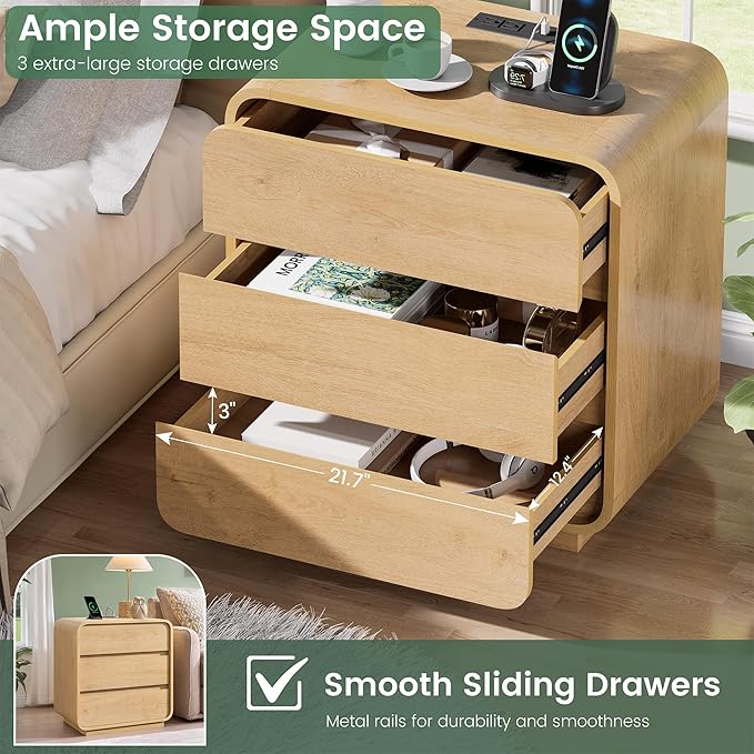 Farmhouse Nightstand, 25" Tall Wood Bedside Table with Charging Station, 3 Storage Drawers Side Table, Large End Table Night Stand for Bedroom, Office, Sofa, Curved Profile, Natural