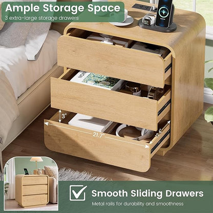 Farmhouse Nightstand, 25" Tall Wood Bedside Table with Charging Station, 3 Storage Drawers Side Table, Large End Table Night Stand for Bedroom, Office, Sofa, Curved Profile, Natural