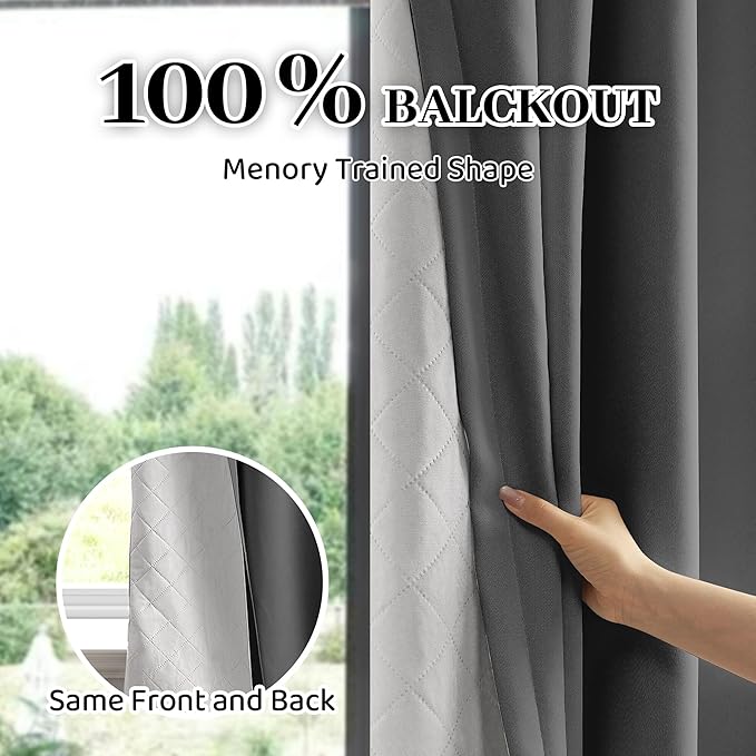 3-in-1 100% Blackout Curtains 90 Inches Long, Thermal Insulation, Soundproof Back Tab Drapes for Bedroom Living Room Sliding Glass Door, with Pin Hooks, Grey 50x90Inch 1 Panel