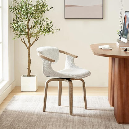 Art Leon Swivel Dining Chairs, Set of 2, Mid Century Modern Boucle Fabric Kitchen Dining Room Chair with Arms, Desk Chairs No Wheels, White
