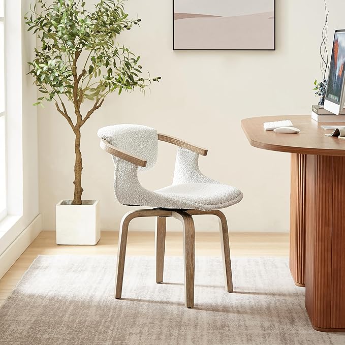 Art Leon Desk Chair No Wheels, Mid Century Modern Swivel Accent Chair, Boucle Fabric Home Office Desk Chair for Small Spaces Living Room Bedroom, White