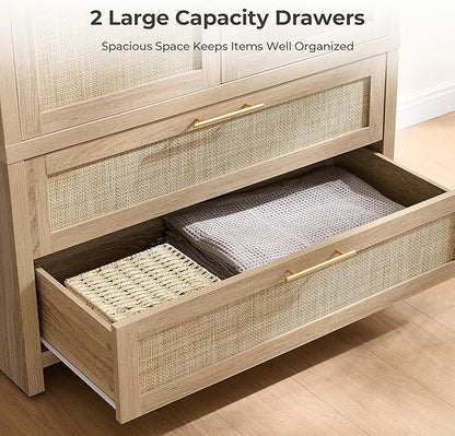 SICOTAS Armoire Wardrobe Closet, Larger Rattan Armoires Wardrobe Cabinet with 2 Large Drawers & Hanging Rod, Tall Closet Storage Cabinet for Cloak Room, Bedroom, Light Oak (3 PCS)
