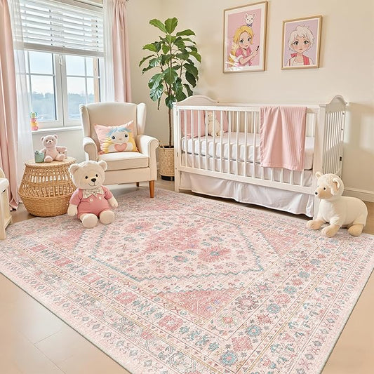 zesthome Pink Rug - 5x8 Area Rugs for Bedroom, Stain Resistant Washable Rugs for Nursery Room, Living Room, Home Decor, Girls Rug (Pink/Blue,5'x8')